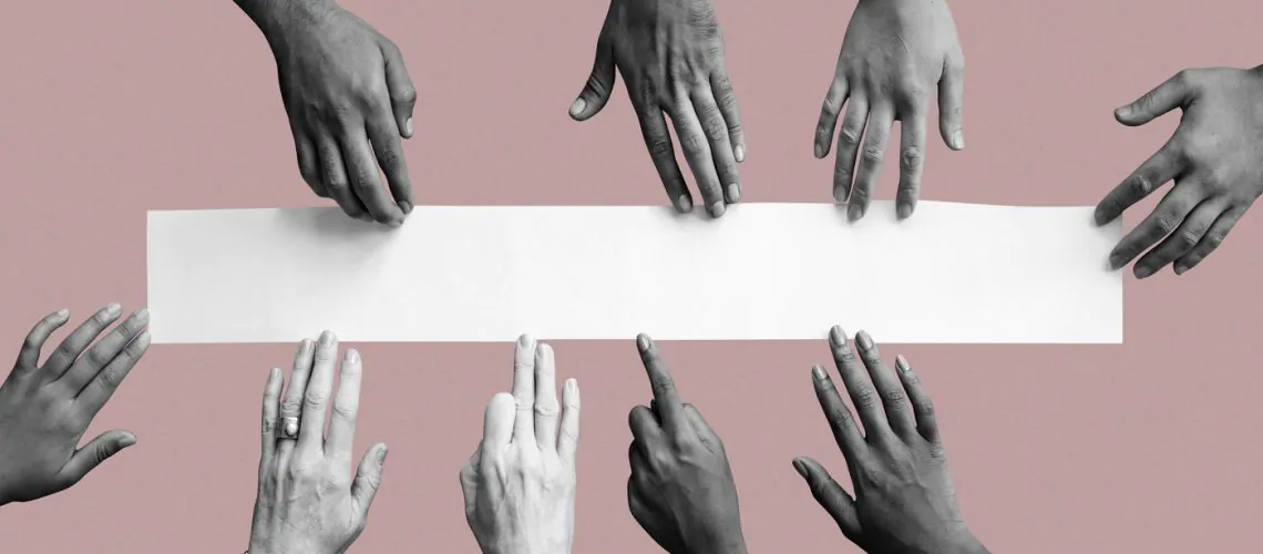 Diverse hands touching white paper mockup pink wallpaper Hand photo created by rawpixel.com - www.freepik.com